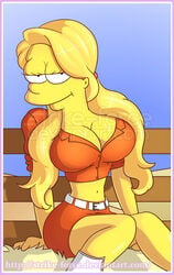 alternate_breast_size bedroom blonde_hair female female_only human large_breasts lisa_simpson long_hair red_dress red_topwear short_top solo strike-force tagme the_simpsons tight_dress yellow_body