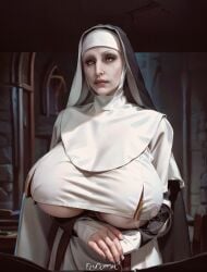 ai_generated elygordan elygordanart gigantic_breasts gigantic_butt horror horror_(theme) huge_ass huge_breasts huge_butt huge_nipples looking_at_viewer nun nun's_habit nun_hat nun_outfit nun_position the_nun valak yellow_eyes