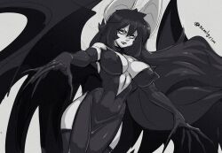 1girls armwear artist_signature bat_ears bat_girl bat_wings big_breasts black_armwear black_dress black_hair dress eva_(sem-l-grim) female female_only long_fingernails long_hair looking_at_viewer monochrome narrowed_eyes nipple_bulge sem-l-grim sharp_fingernails simple_background solo vampire very_high_resolution white_body white_eyes wide_hips wings