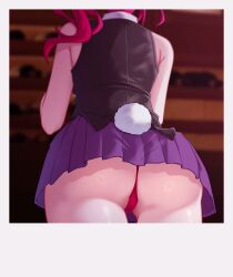 ass bare_arms bare_shoulders black_vest bunny_garden facing_away from_behind from_below head_out_of_frame highres hololive hololive_english hololive_english_-promise- indoors irys irys_(hololive) long_hair miniskirt panties pantyshot pleated_skirt polaroid purple_skirt rabbit_tail red_hair red_panties seraphim_throne side_ponytail skirt tail underwear upskirt vest virtual_youtuber