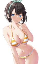 1girls 2d 2d_(artwork) alternate_costume belly_button big_breasts bikini bikini_bottom bikini_top black_hair bra cleavage female female_focus female_only front_view hololive hourglass_figure light-skinned_female light_skin looking_at_viewer navel oozora_subaru ribbon_in_hair short_hair simple_background slim_girl smiling smiling_at_viewer solo solo_female solo_focus standing summer swimsuit thong thong_bikini two_piece_swimsuit virtual_youtuber vtuber vtuberfanart white_background young younger_female