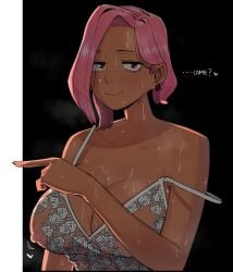 1girls :3 big_breasts blush breasts cleavage dark-skinned_female dark_skin english_text female female_only large_breasts lingerie looking_at_viewer musk_clouds ohasi ohasiart original original_character pink_(ohasi) pink_hair plump short_hair simple_background solo solo_female steam strap_slip tagme thick white_background