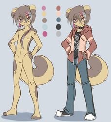 anthro canine caninelove clothing collar fur furry girly hair hindpaw jacket jeans kukki male male_only model_sheet multicolored_hair nude pants paws penis ponytail shirt shoes spots tail tied_hair