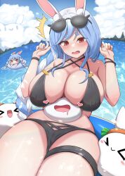 2girls animal_ear_fluff animal_ears bikini black_bikini blue_hair blue_sky blush braid braided_ponytail breasts chibi cleavage cloud day fan_mascot_(vtuber) hashira_14 heart highres hololive huge_breasts long_hair mature_female multicolored_hair multiple_girls ocean open_mouth pekomama pekomon_(usada_pekora) rabbit_ears rabbit_girl short_eyebrows sky solo_focus swimsuit thick_eyebrows thigh_strap thighs tongue two-tone_hair usada_pekora virtual_youtuber white_hair