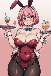 1girls 2d ai_generated belly belly_button belly_button_visible_through_clothing big_breasts blue_eyes breasts bunny_ears bunnysuit cameltoe cleavage detached_cuffs female heart hearts_around_head looking_at_viewer oc opal_(tampopo) open_mouth original original_character pantyhose pink_hair platter serving_drink short_hair solo source sweat tampopo