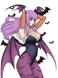 arms_behind_back bat_print bat_wings breasts capcom circe_(sayo-tr) cleavage cosplay covered_navel curvaceous curvaceuous darkstalkers female large_breasts leotard mature_female milf morrigan_aensland morrigan_aensland_(cosplay) no_watermark original original_character pantyhose purple_eyes purple_hair sayo-tr skimpy_clothes skin_tight smile solo tagme transparent_background wings