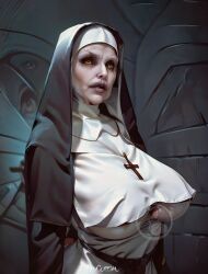 ai_generated elygordan elygordanart gigantic_breasts gigantic_butt horror horror_(theme) huge_ass huge_breasts huge_butt huge_nipples looking_at_viewer nun nun's_habit nun_hat nun_outfit nun_position the_nun valak yellow_eyes