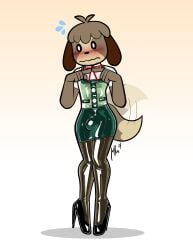 2024 absurd_res animal_crossing anthro black_clothing black_footwear black_high_heels black_latex blush bodily_fluids bottomwear brown_body brown_fur brown_hair bulge canid canine canis clothed clothed_anthro clothed_male clothing crossdressing digby_(animal_crossing) domestic_dog flying_sweatdrops footwear fur glistening glistening_clothing glistening_latex green_bottomwear green_clothing green_latex green_skirt hair hi_res high_heels latex latex_clothing latex_leggings latex_legwear latex_topwear leggings legwear lettuce_(artist) male mammal nintendo shih_tzu simple_background skirt solo sweat sweatdrop tail tail_motion tailwag topwear toy_dog