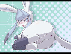 1boy anthro anus blue_eyes blush canine eeveelution feet femboy fur furry furry_only generation_4_pokemon glaceon hindpaw kimubota looking_at_viewer looking_back lying male male_only mammal nintendo paws pokémon_(species) pokemon pokemon_(species) solo tail testicles tongue tongue_out trap