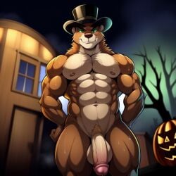 ai_generated balls bara big_penis brown_fur fazbear_fanverse fnaf frosting.ai furry furry_male furry_only gay green_eyes halloween jack-o'-lantern male male_only muscular muscular_male musk mustelid musteline naked naked_male no_humams nude nude_male penis popgoes popgoes_(character) sugar1989 sweat weasel