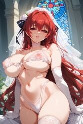 1girls 2d ai_generated big_breasts bikini church church_interior elbow_gloves hellblueboy4 long_hair naruse_mio red_eyes red_hair shinmai_maou_no_testament tagme thigh_highs wedding_dress wedding_veil white_bikini