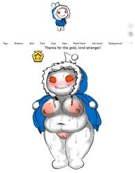 1girls anthro areolae bbw blush bottomless breasts chubby chubby_female female flashing flashing_breasts jacket jacket_only jacket_open nude overweight overweight_female oxkingky pussy reddit smile snoo solo sweat sweaty tagme thick_thighs white_background white_body white_skin