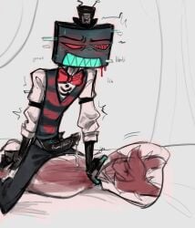 2024 2d alastor_(hazbin_hotel) antlers artist_request deer demon demon_boy hazbin_hotel humanoid humping humping_pillow male penis solo_male vox_(hazbin_hotel)