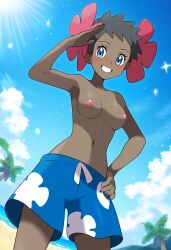 ai_generated beach breasts phoebe_(pokemon) pokemon smile swim_trunks topless