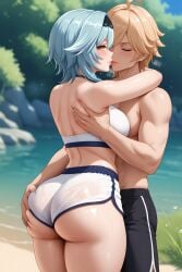 aether_(genshin_impact) ai_generated ass ass_grab blush casual_clothes dolphin_shorts eula_(genshin_impact) genshin_impact huge_ass lake medium_breasts outdoors puffy_lips shiny_skin sportswear tight_ass tight_clothing wet_ass wet_body