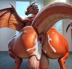 ai_generated anus ass balls big_anus big_ass big_balls big_butt cantsleep96 cum cum_drip cum_in_ass cum_in_pussy dragon dripping dripping_cum hi_res huge_anus huge_ass huge_balls huge_butt male male_only muscular muscular_male presenting_hindquarters scales scalie tail wings