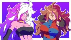 2girls abs android_21 android_21_(good) android_21_(human) arabian_clothes athletic_female big_breasts blue_eyes bracelet brown_hair checkered_clothes collar dragon_ball dragon_ball_fighterz dragon_ball_z fit_female jewelry kishinpain looking_at_viewer muscular_arms muscular_female pink_skin six_pack vomi_(dragon_ball) white_hair