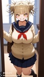 ai_generated blonde_hair blush boku_no_hero_academia doorway gumi_arts himiko_toga huge_breasts indoors looking_at_viewer my_hero_academia school_uniform smile stable_diffusion toga_himiko yellow_eyes