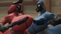 2girls ass big_ass big_breasts big_butt big_thighs breast_on_breasts breasts female fempyro fully_clothed huge_ass huge_breasts large_ass large_breasts large_butt large_thighs latex_suit team_fortress_2 thick_thighs thighs tomas9ira