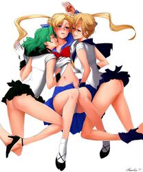 3girls abbystea ass bishoujo_senshi_sailor_moon blonde_hair blush closed_eyes clothing female female_only green_hair haruka_tenou kissing long_hair michiru_kaiou moon multiple_girls navel sailor sailor_neptune sailor_uranus saliva school_uniform short_hair simple_background skirt threesome usagi_tsukino yuri