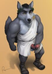 anthro areola athletic athletic_anthro athletic_male bodily_fluids bottomwear canid canine canis clothing digital_media_(artwork) erection fingers footwear fur genital_fluids genitals hair hand_on_penis hi_res humanoid_genitalia humanoid_penis looking_at_viewer male mammal nipples pecs penis roman roman_clothing rov sandals simple_background smile solo standing tail topwear urethra wolf