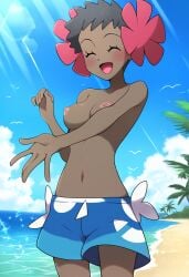 ai_generated beach breasts phoebe_(pokemon) pokemon smile swim_trunks topless