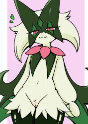 :3 absurdres animal_nose anthro arms_at_sides baperappu_hashimoto body_fur cleft_of_venus clitoral_hood closed_mouth commentary_request cowboy_shot fang_out female flat_chest furry furry_female generation_9_pokemon green_fur green_hair half-closed_eyes happy heart highres looking_at_viewer meowscarada navel oerba_yun_fang pink_background pokémon_(species) pokemon pussy red_eyes short_hair simple_background smile solo standing stomach two-tone_fur uncensored