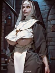 ai_generated elygordan elygordanart gigantic_breasts gigantic_butt horror horror_(theme) huge_ass huge_breasts huge_butt huge_nipples looking_at_viewer nun nun's_habit nun_hat nun_outfit nun_position the_nun valak yellow_eyes