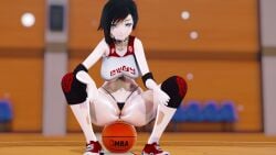 1girls abf_mmd basketball basketball_court black_hair black_hair_female gym_clothes gym_uniform half-dressed half_naked half_naked_female red_highlights ruby_rose rwby solo_female squatting thong