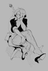 big_ass big_breasts big_thighs clothed eigaka female female_only giovanna_(guilty_gear) guilty_gear guilty_gear_strive high_heels office_chair office_clothing office_lady short_hair short_skirt sketch skirt solo_female stockings taking_off_shoes taking_shoes_off thick_thighs