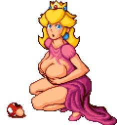 1girls blonde_hair blue_eyes breast_expansion breast_squeeze breasts breasts_out clothing crown dress female female_only humbird0 looking_at_viewer mario_(series) mushroom nintendo pixel_(artwork) pixel_art princess princess_peach solo sprite sprite_art super_mario_bros. torn_clothes torn_dress transparent_background