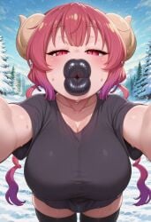 ai_generated black_clothing black_lipstick black_pantyhose black_shirt breasts_bigger_than_head buchukisu holding_viewer horns huge_breasts huge_lips hyper_breasts hyper_lips ilulu_(dragon_maid) ilulu_(maidragon) incoming_kiss kobayashi-san_chi_no_maidragon looking_at_viewer massive_breasts massive_lips pov_kiss red_eyes red_hair shortstack smooch sweat