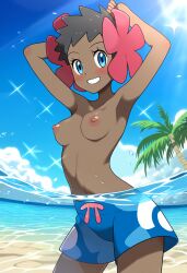 ai_generated beach breasts phoebe_(pokemon) pokemon smile swim_trunks topless