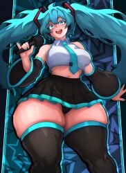 1girls 2d acraeaaconite bare_shoulders belly belly_button big_breasts blue_eyes blue_hair blue_nail_polish blue_nails blush bottom_heavy breasts clothed clothed_female crop_top cyan_eyes cyan_hair cyan_nail_polish cyan_nails detached_sleeves female happy hatsune_miku hips hips_wider_than_shoulders holding_microphone holding_object long_hair looking_at_viewer looking_happy microphone midriff nail_polish necktie open_mouth panties pinky_out skirt slave_handles solo source standing sweat sweaty_thighs thick_thighs thighhighs thighs thin_waist tie twintails visible_underwear vocaloid wide_hips