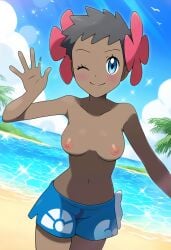 ai_generated beach breasts phoebe_(pokemon) pokemon smile swim_trunks topless