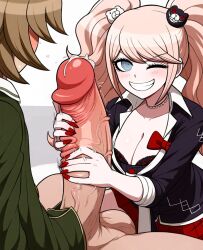 1boy 1girls ai_generated balls big_penis blush crossdressing danganronpa danganronpa:_trigger_happy_havoc erection faceless_male female femboy femboy_on_female fujisaki_chihiro handjob huge_cock hung_femboy hung_trap junko_enoshima male male/female penis penis_awe smile straight testicles trap veiny_penis young