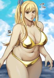 2024 anime big_breasts bikini blonde_female blonde_hair blonde_hair blonde_hair_female breasts brown_eyes fairy_tail female female_focus female_only gold_bikini golden_week light-skinned_female light_skin looking_at_viewer lucy_heartfilia manga solo solo_female solo_focus swimsuit swimwear water