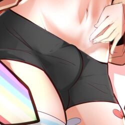 1femboy bulge bulge_through_clothing bulge_under_clothes clothed cute cute_male femboy femboy_only hand_on_hip lion non_nude packet_(packet_of_biscuits) shorts sticker stickers_on_body thick_thighs thigh_highs thighs tummy virtual_youtuber vtuber