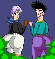 2boys alternate_version_available ass big_ass big_butt black_eyes black_hair blue_eyes blush butt dragon_ball dragon_ball_gt fart fart_cloud fart_fetish farting farts fat_ass fat_butt fully_clothed gassy_male green_fart huge_ass huge_butt looking_back male male_only pants purple_hair shounen_jump smelly_butt son_goten stinky_butt tensiisphere thick_ass thick_butt trunks_briefs