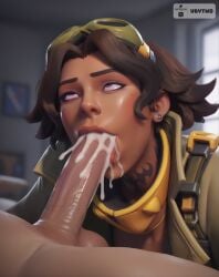 1boy 1girl 3d ai_generated blowjob blowjob_face brown_hair clothed cum cum_in_mouth eyes_rolling_back fellatio female female_focus looking_up male oral oral_sex overwatch overwatch_2 pov rolled_back_eyes short_hair tattoo vbytwo venture