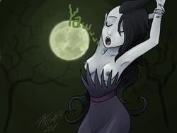 adventure_time black_hair breast closed_eyes dress grey_skin long_hair marceline moon night nipples outdoors seven_nights stretching vampire yawning