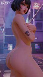 ass big_ass blush completely_nude completely_nude_female covering_breasts embarrassed embarrassed_nude_female evie_(fortnite) female female_only fortnite looking_at_viewer moby_(artist) nude nude_female open_mouth open_mouth public public_nudity shiny shiny_skin solo solo_female tattoo