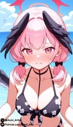 ai_generated bikini blush cleavage collar feathered_wings gumi_arts hair_ornament halo head_wings koharu_(blue_archive) koharu_(swimsuit)_(blue_archive) low_twintails medium_breasts medium_hair mini_wings ocean pink_eyes pink_hair pov stable_diffusion thick_thighs wings