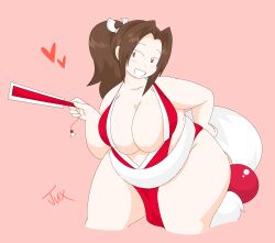 1girls :d bangs belly big_breasts breasts brown_eyes brown_hair child_bearing_hips chubby cleavage clothes curvaceous dead_or_alive deep_cleavage fan fatal_fury folding_fan hand_on_hip japanese_clothes juxtaposedpunk king_of_fighters kunoichi large_breasts light-skinned_female mai_shiranui massive_breasts open_mouth pink_background ponytail simple_background skimpy skimpy_clothes smile snk solo standing thick_thighs voluptuous watermark wide_hips