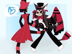 alastor_(hazbin_hotel) anthro attack ball_bulge ballbusting bulge cock_and_ball_torture crotch_attack crotch_kick duo gender_symbol genital_torture goddesskusiwolf hazbin_hotel hi_res humanoid husk_(hazbin_hotel) kick male male/male pain red_wings simple_background suspenders symbol wings