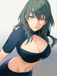 1girls black_shirt blue_eyes blue_hair breasts byleth_(female)_(fire_emblem) byleth_(fire_emblem) cleavage cleavage_cutout closed_mouth clothing_cutout female female female_only fire_emblem fire_emblem:_three_houses hair_between_eyes highres large_breasts long_hair looking_at_viewer midriff navel nintendo sb_(sbixinsky) shirt short_sleeves smile solo stomach