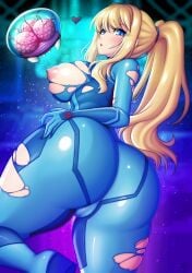 1girls ass blonde_hair blue_eyes bodysuit breasts breasts_out dat_ass female hi_res huge_ass large_breasts long_hair metroid nintendo ponytail samus_aran sevie torn_clothes zero_suit_samus