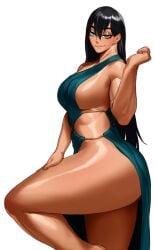 1girls bent_leg big_breasts black_hair commission dress female female_only green_eyes long_hair looking_at_viewer narrowed_eyes side_view sideboob skimpy skimpy_dress smiling smiling_at_viewer solo sotcho thick_thighs thighs very_high_resolution white_background