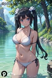 1girls ai_generated arms_behind_back ass_visible_through_thighs bangs bare_shoulders bikini black_hair blue_eyes blue_sky blush breasts cleavage closed_mouth cloud collarbone cowboy_shot day deity dungeon_ni_deai_wo_motomeru_no_wa_machigatteiru_darou_ka european_mythology female goddess grass greek_mythology hair_ribbon halterneck hestia_(danmachi) lake large_breasts long_hair looking_at_viewer mythology navel outdoors pikkiwynn public_domain ribbon rock shortstack side-tie_bikini_bottom sky smile solo standing stomach string_bikini swimsuit thighs tree twintails very_long_hair wading water white_bikini