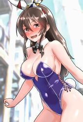 1girls absurd_res absurdres ashigara_(kantai_collection) bare_armpits bare_arms bare_chest bare_hands bare_hips bare_legs bare_shoulders bare_skin bare_thighs belly belly_button black_bowtie blue_bunnysuit blush blush_lines blushing blushing_at_viewer blushing_female bowtie breasts brown_eyes brown_eyes_female brown_hair brown_hair_female bunny_ears bunny_tail bunnygirl bunnygirl_outfit cleavage collar collarbone dot_nose elbows embarrassed embarrassed_female eyebrows_visible_through_hair female female_focus female_only fingers furaggu_(frag_0416) groin hair_between_eyes half_naked high_resolution highres hourglass_figure kantai_collection large_breasts legs light-skinned_female light_skin long_hair looking_at_viewer navel open_mouth open_mouth_smile parted_lips pussy shoulders sideboob simple_background slender_body slender_waist slim_girl slim_waist smile smiling smiling_at_viewer solo standing thick_thighs thighs thin_waist tongue underboob upper_body upper_teeth v-line white_background white_bunny_ears white_collar wide_hips